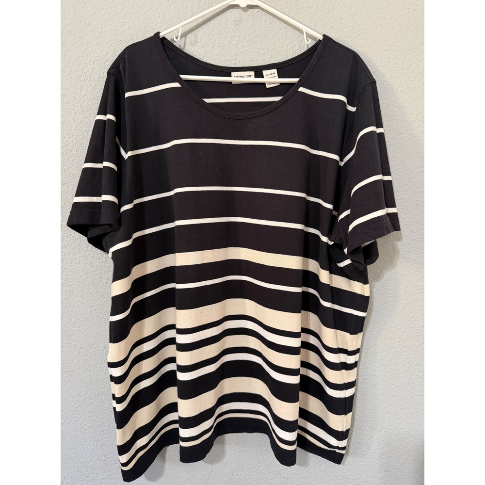 Covington Women Tee 24/26W 100% Cotton Black Cream Striped Short Sleeve Comfort